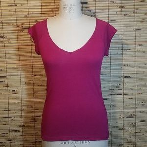Knot Back Hot Pink V Neck Cap Sleeve Tee